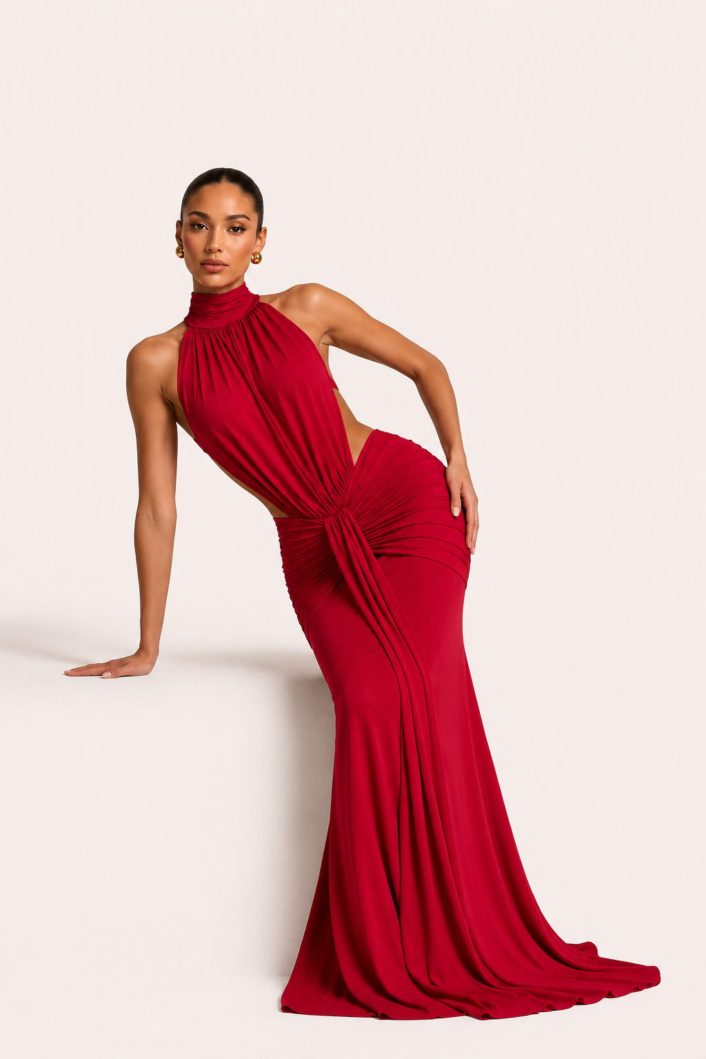 Vestido largo mujer halter ajustado fruncido elegante gala evento - Klara