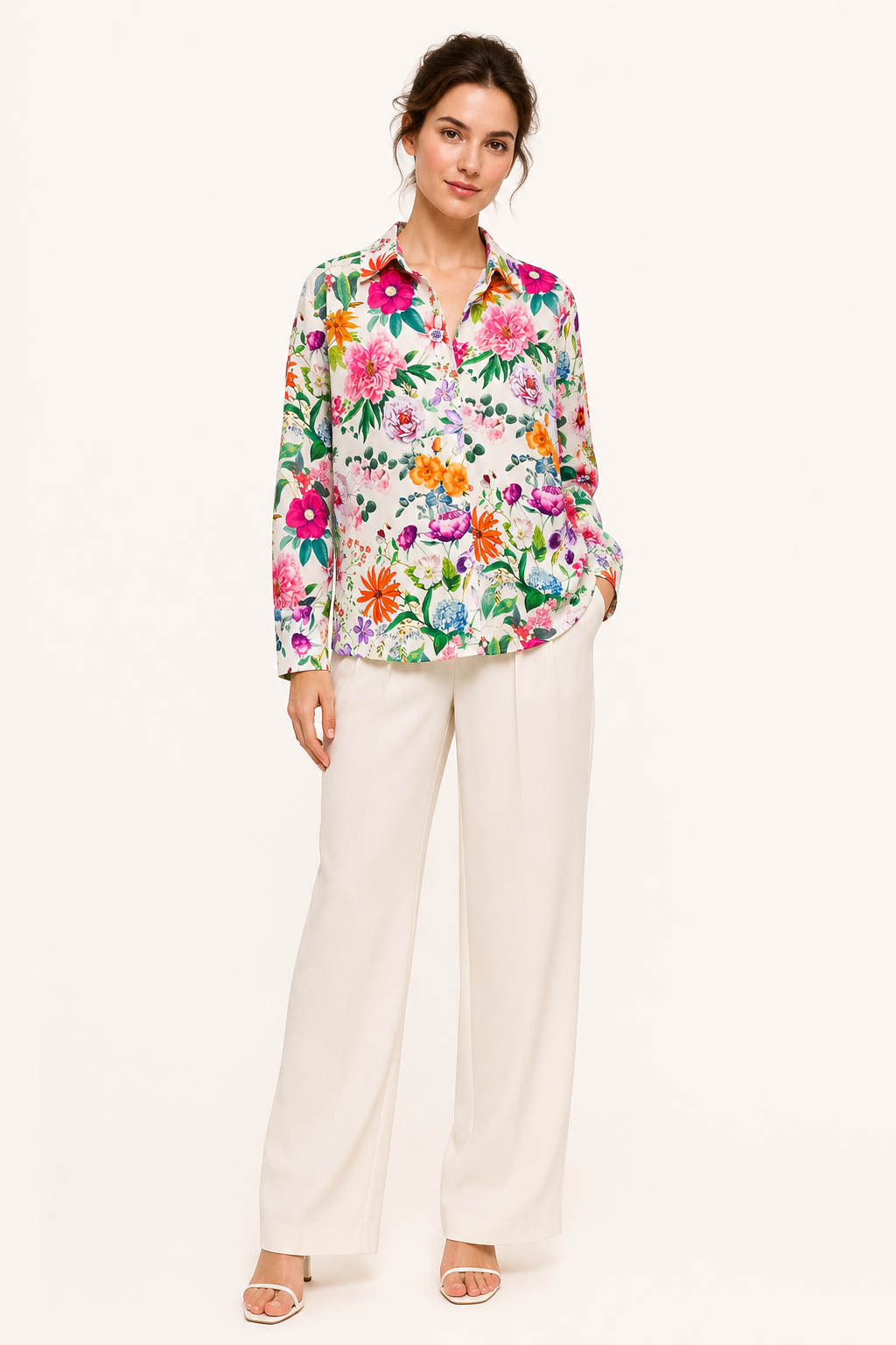 Blusa mujer floral cuello camisero manga larga botones corte recto - Katrin