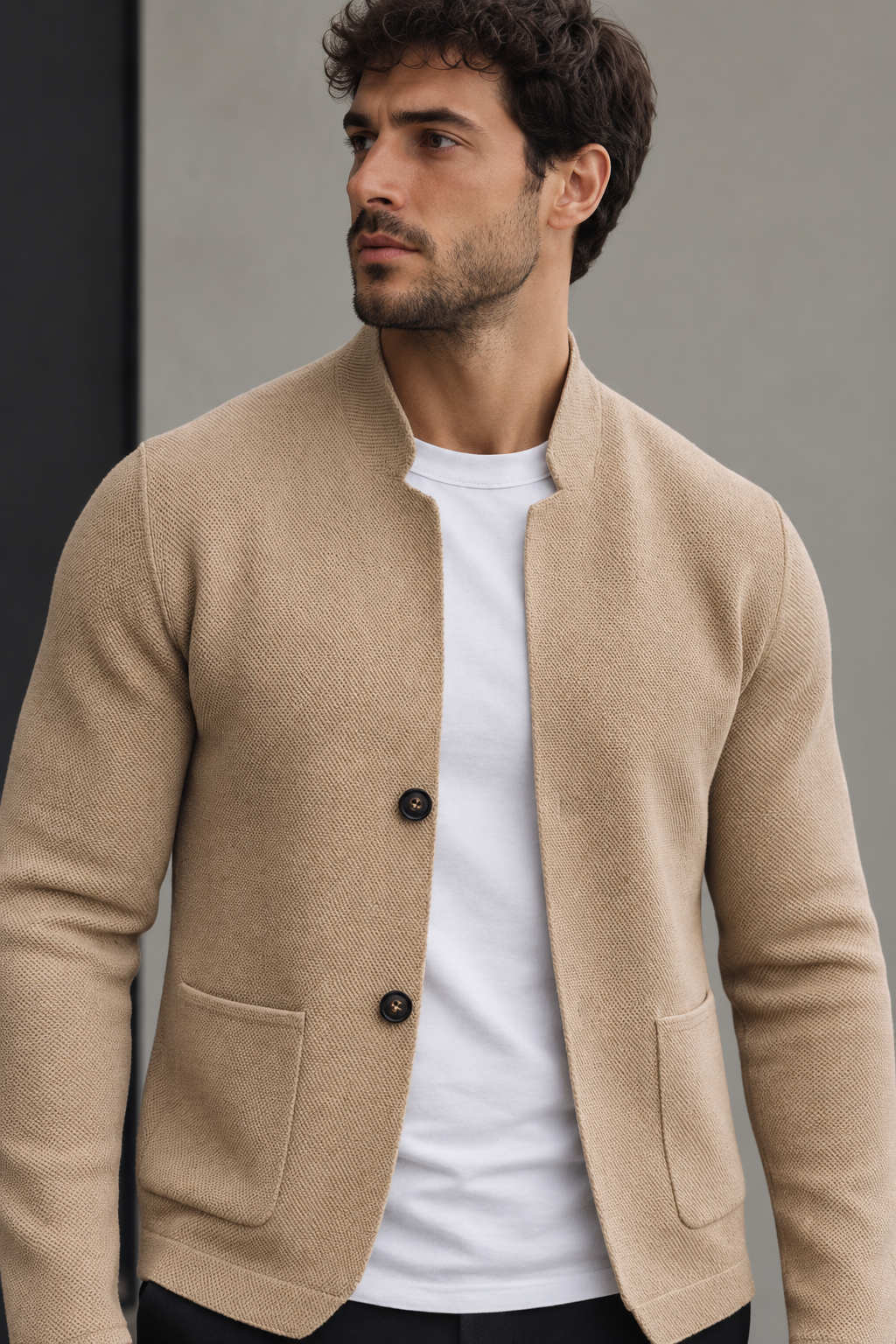 Cárdigan hombre cuello perkins botones bolsillos parche punto fino chaqueta ligera - Alaric
