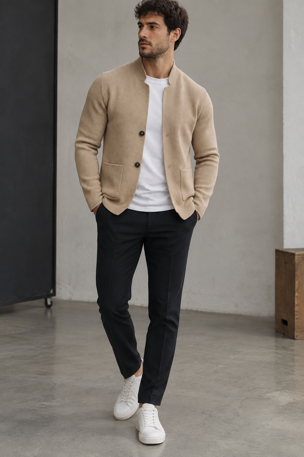 Cárdigan hombre cuello perkins botones bolsillos parche punto fino chaqueta ligera - Alaric