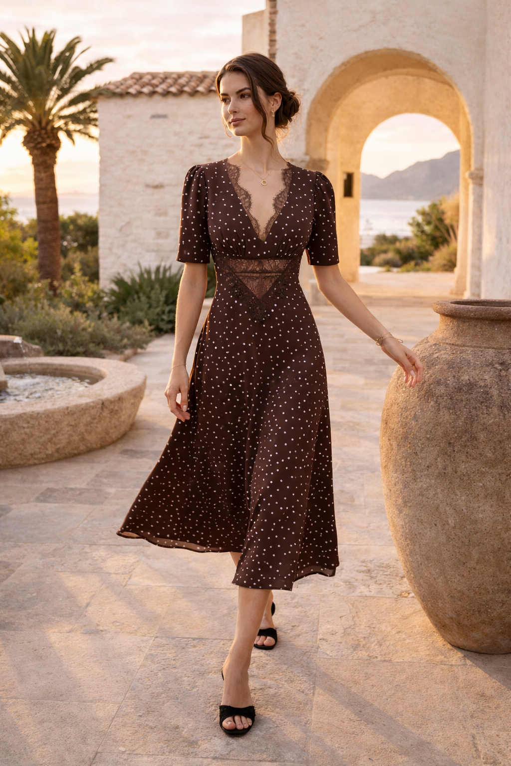 Vestido midi mujer estampado puntos escote pronunciado encaje - Mechthild