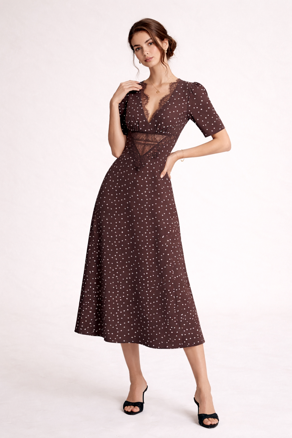 Vestido midi mujer estampado puntos escote pronunciado encaje - Mechthild