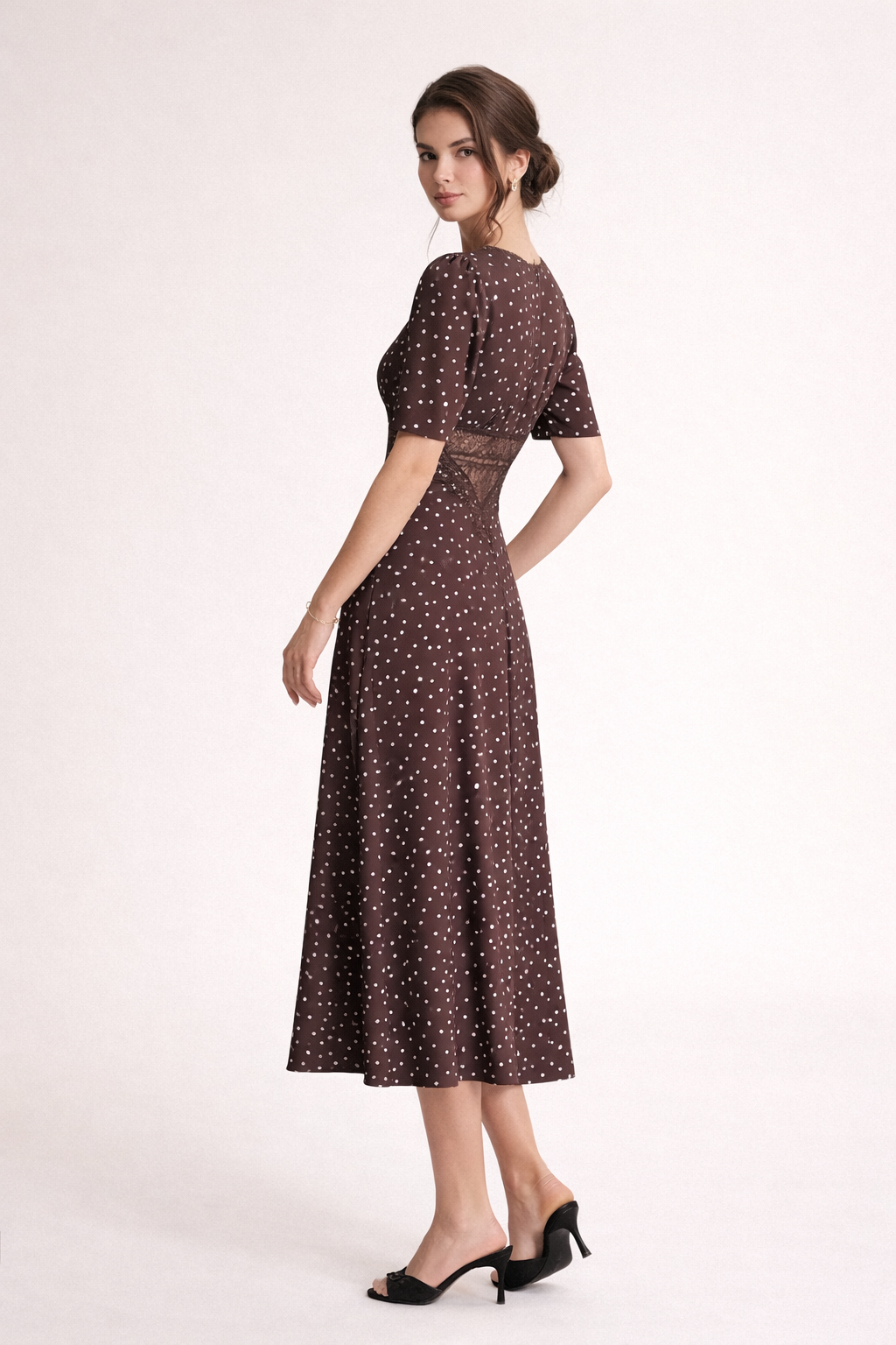 Vestido midi mujer estampado puntos escote pronunciado encaje - Mechthild