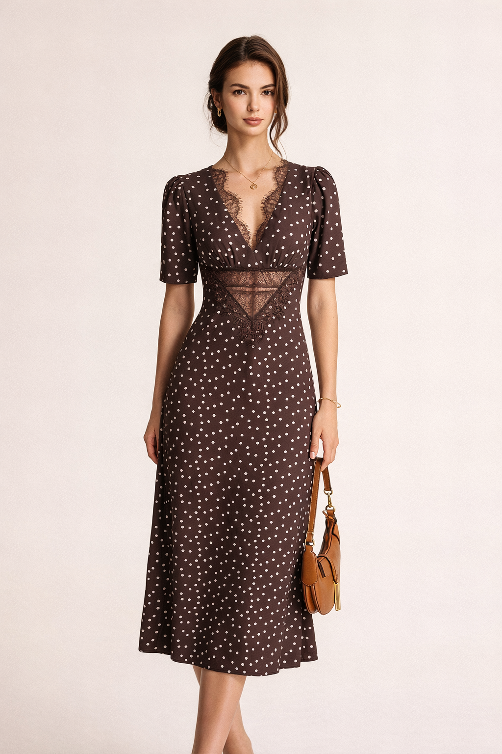 Vestido midi mujer estampado puntos escote pronunciado encaje - Mechthild