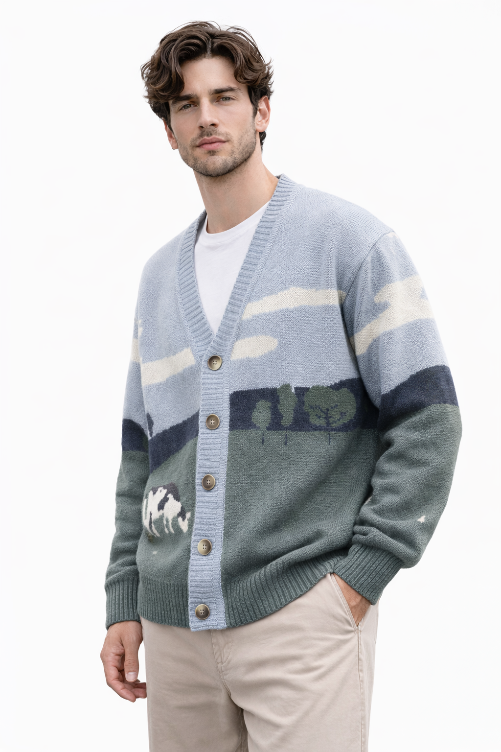 Cardigan de punto medio para hombre con botones y diseño gráfico en el tejido urbano