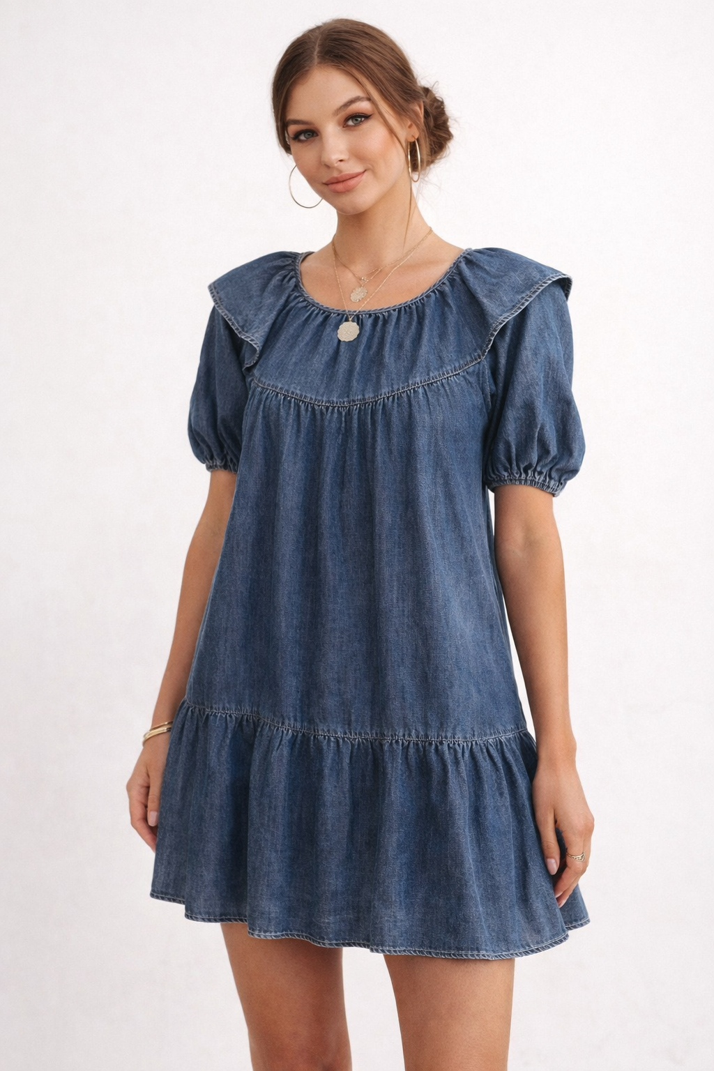 Vestido corto vaquero para mujer manga abullonada - Luisa