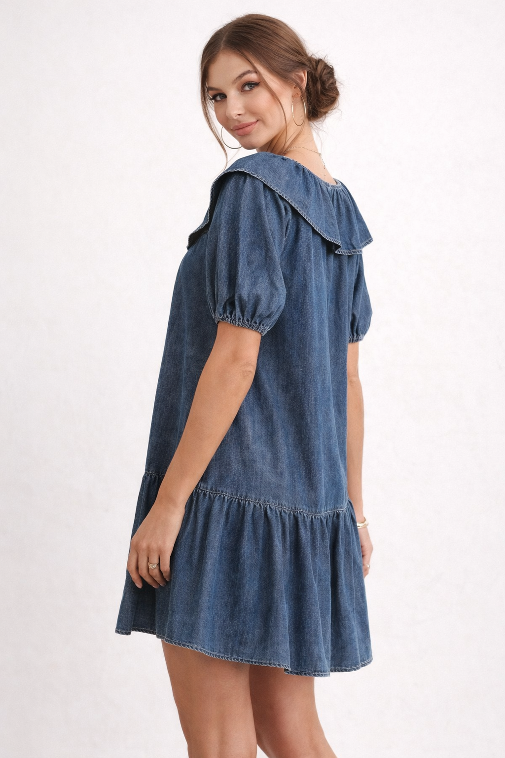 Vestido corto vaquero para mujer manga abullonada - Luisa