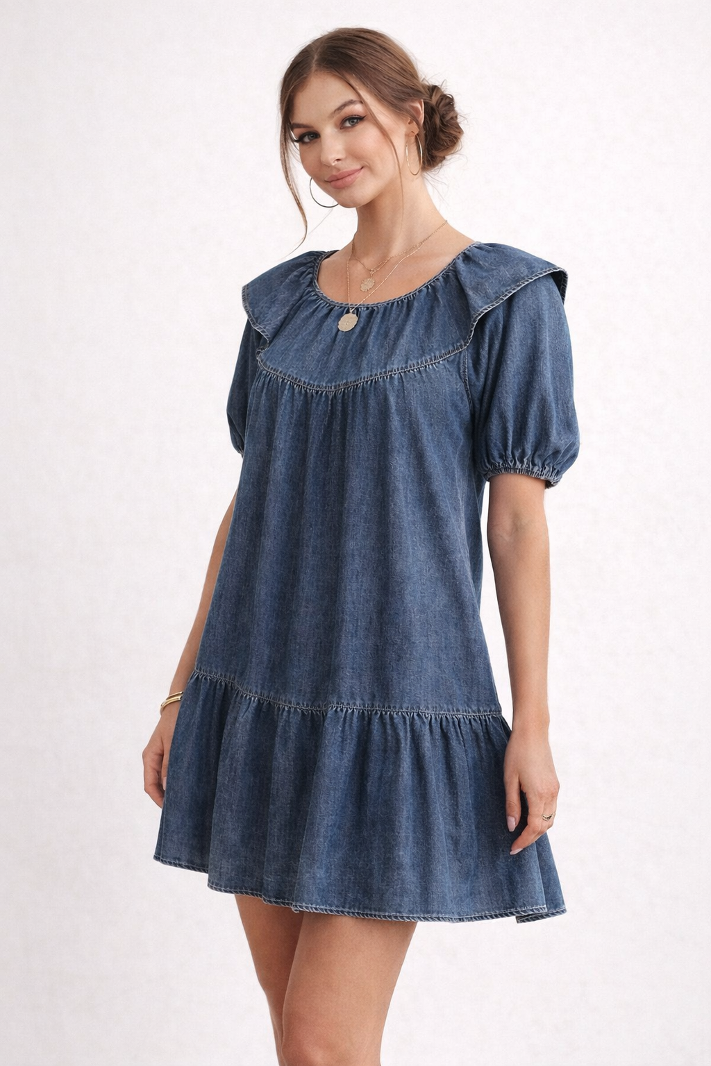 Vestido corto vaquero para mujer manga abullonada - Luisa