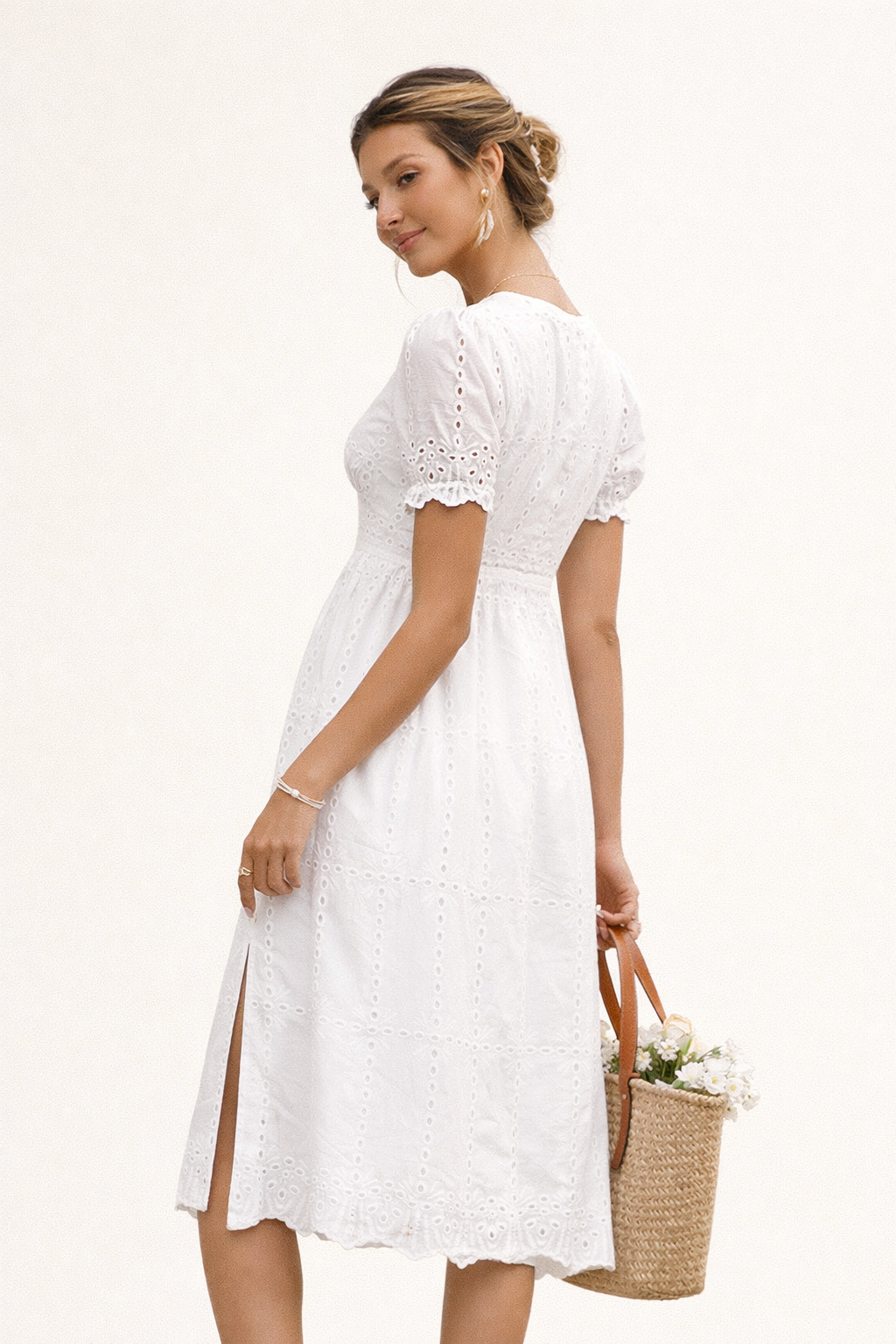 Vestido mujer midi bordado con cintura alta y escote en V - Ferchna