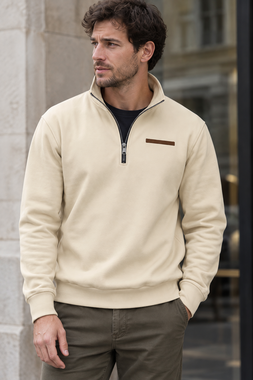 Sudadera hombre media cremallera detalle horizontal pecho canalé cuello ajustable - Nereo