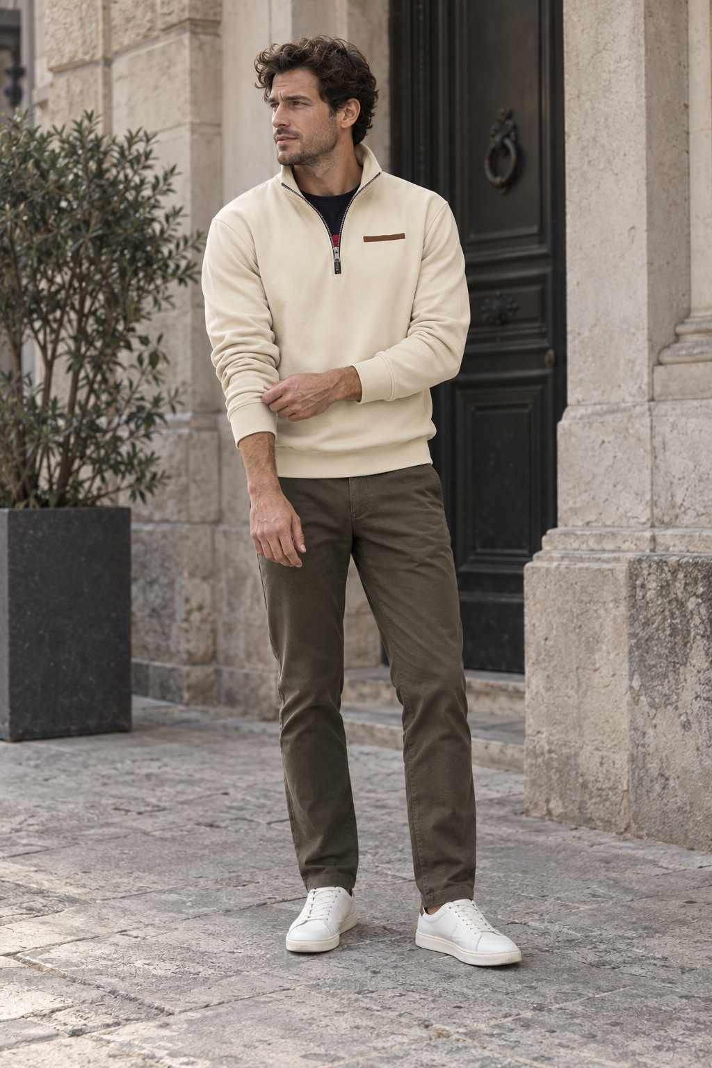 Sudadera hombre media cremallera detalle horizontal pecho canalé cuello ajustable - Nereo