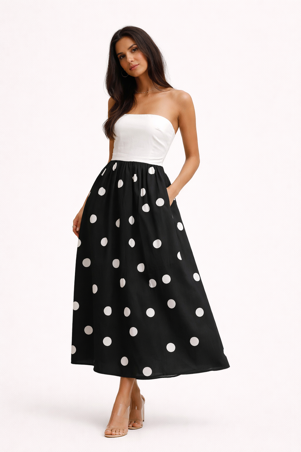 Vestido veraniego largo sin tirantes con estampado de lunares para mujer - Elske