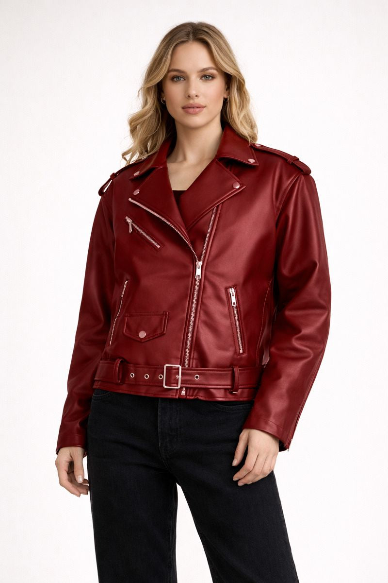 Chaqueta biker de mujer efecto piel con cinturón - Ylena