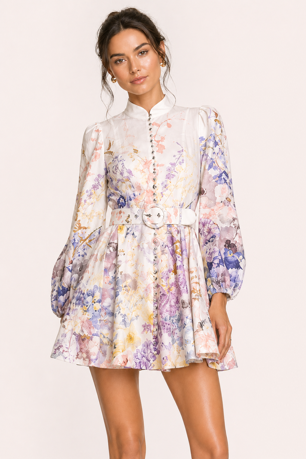 Vestido corto floral mujer cuello alto botones cinturón vuelo - Candice