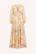 Vestido midi mujer escote V cintura alta manga abullonada falda amplia - Connie