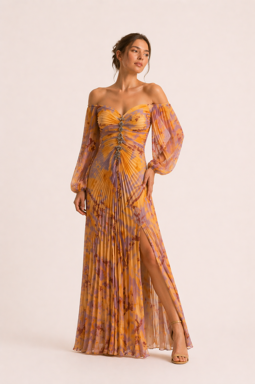 Vestido largo plisado elegante escote recto abertura lateral mujer - Lucía