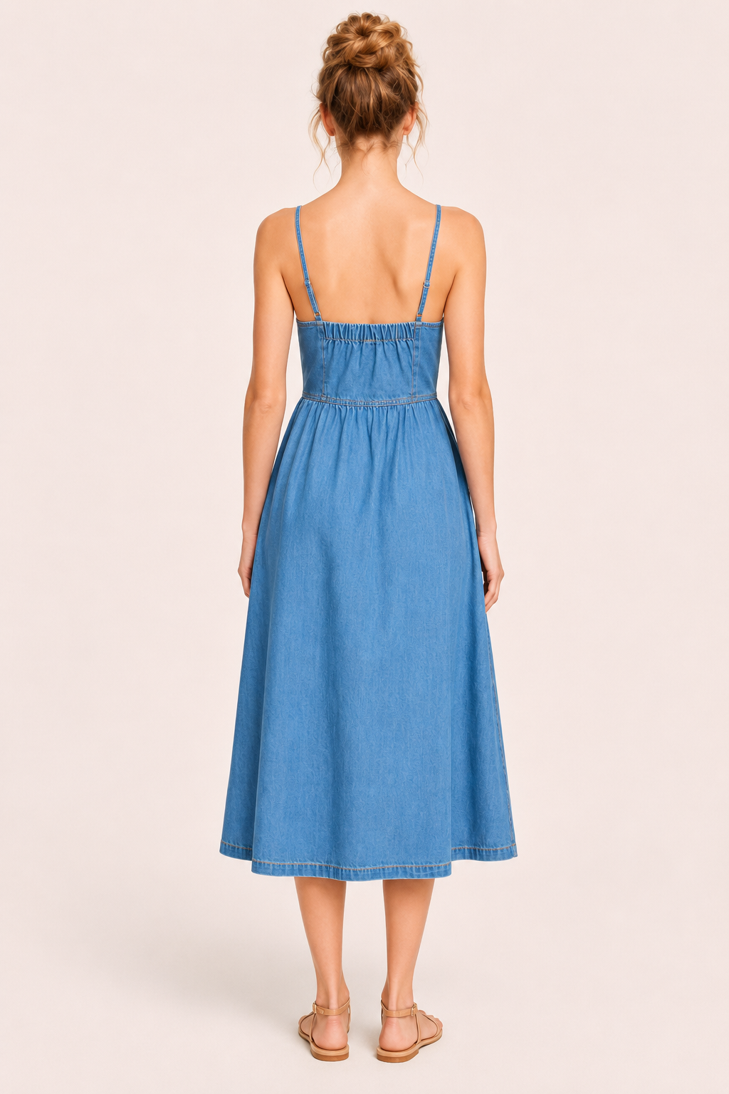Vestido vaquero midi mujer tirantes finos botones cintura marcada - Hanneli