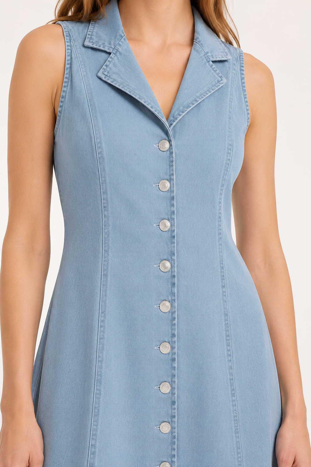Vestido largo denim mujer sin mangas cuello solapa botones casual - Elara