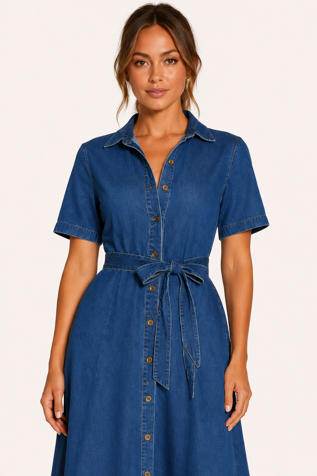 Vestido midi denim mujer cuello solapa manga corta cinturón botones - Klara
