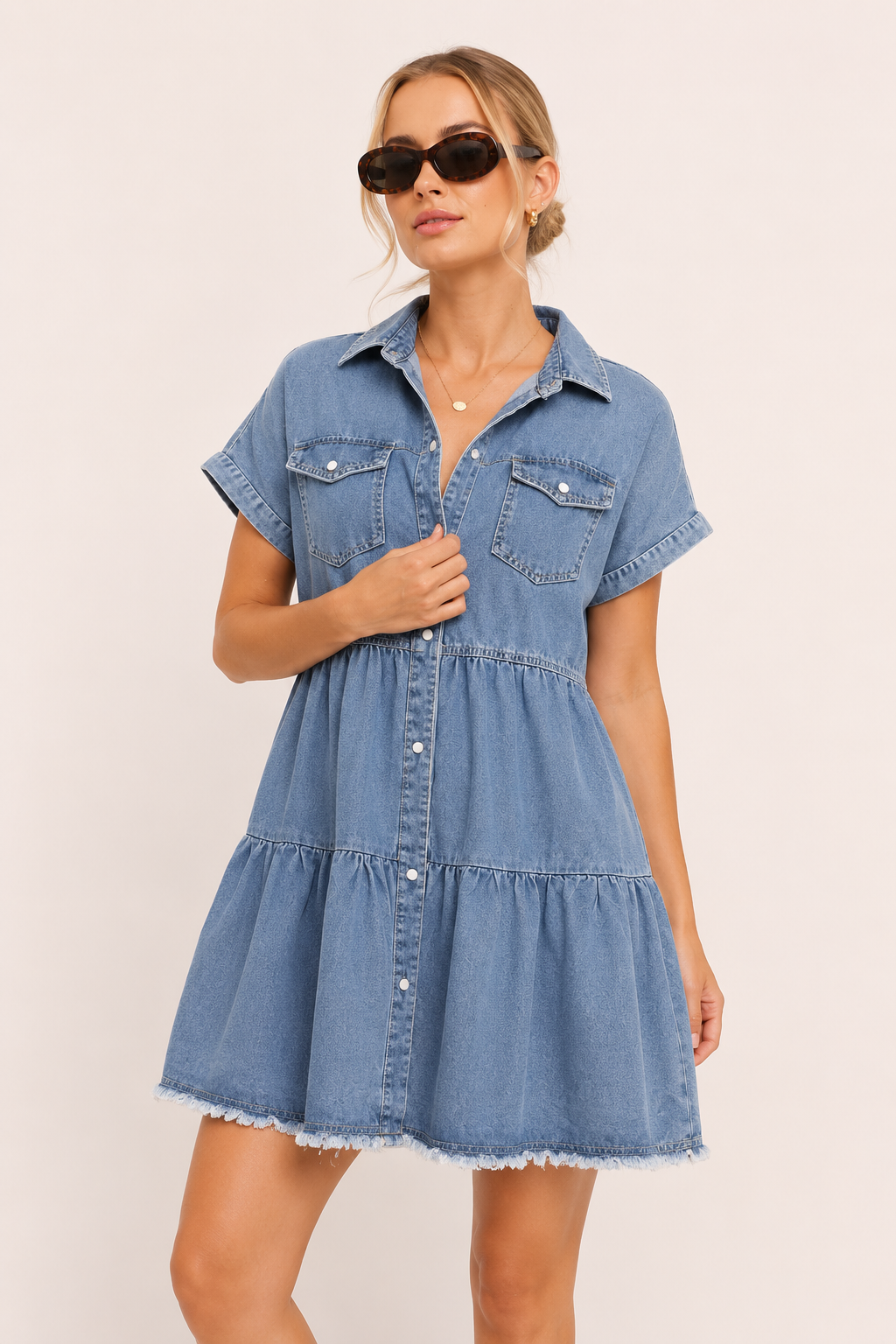 Vestido corto vaquero mujer manga corta bolsillos bajo deshilachado - Heike