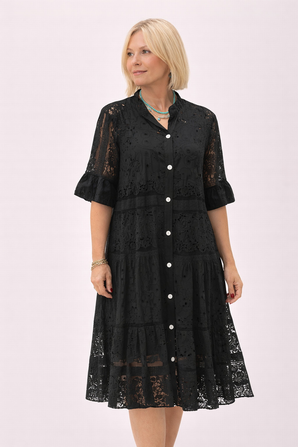 Vestido bordado con botones al frente para mujer - Merker