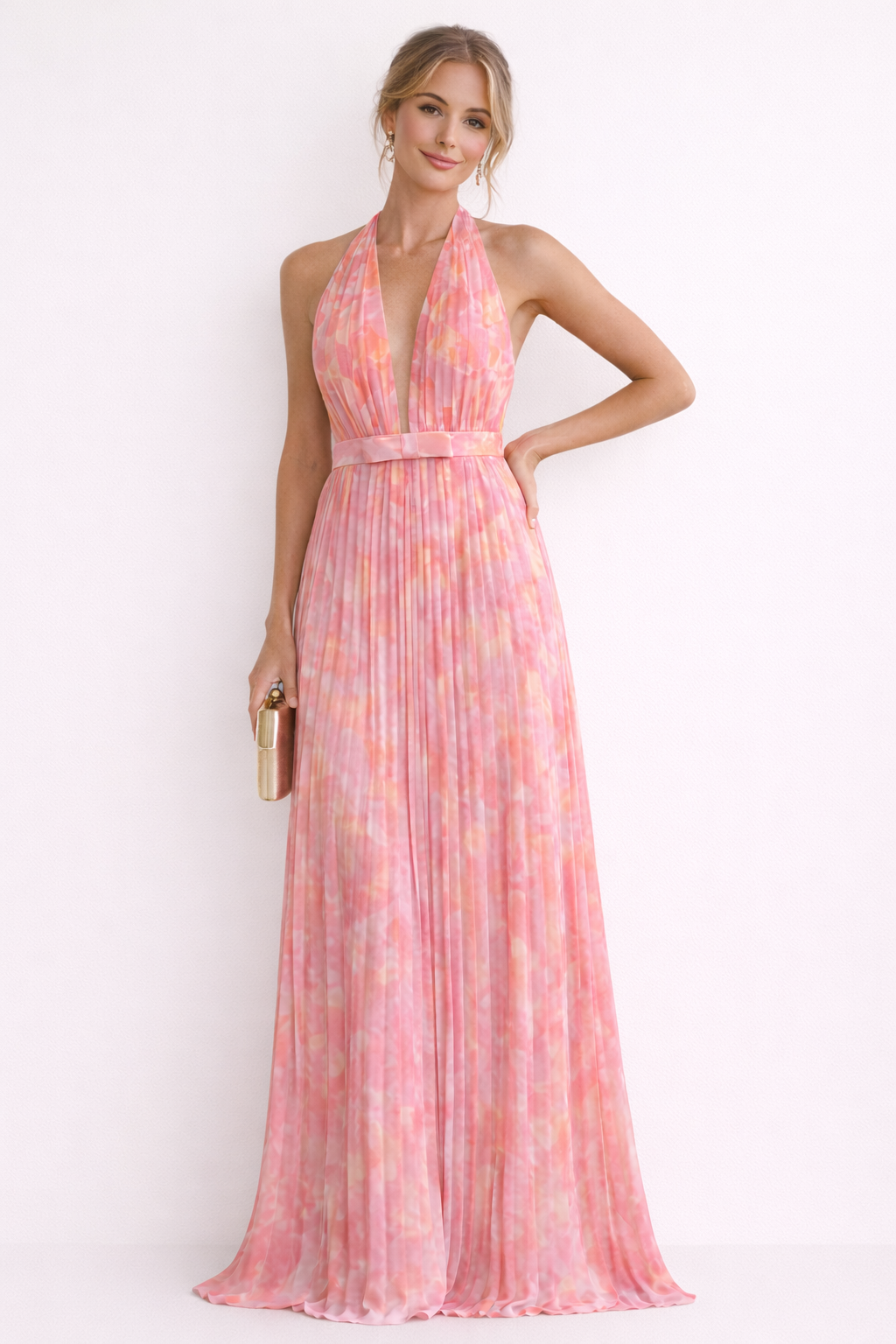 Vestido maxi halter plisado con escote profundo para mujer - Kamila