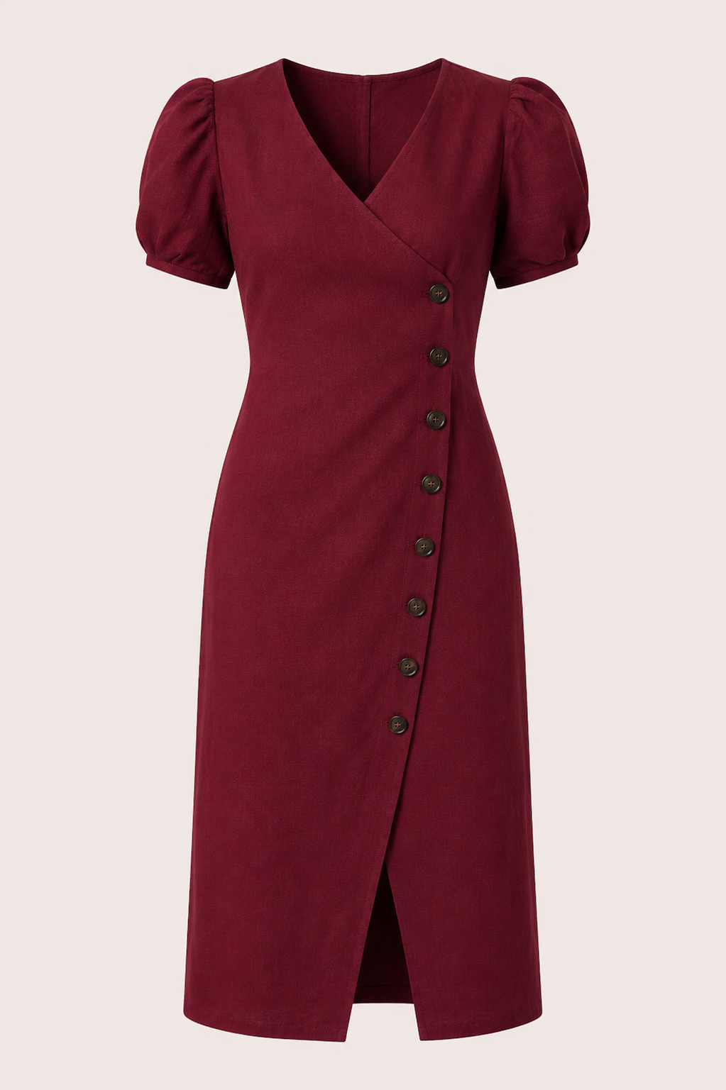Vestido midi mujer escote V manga volumen botones abertura frontal - Gisela