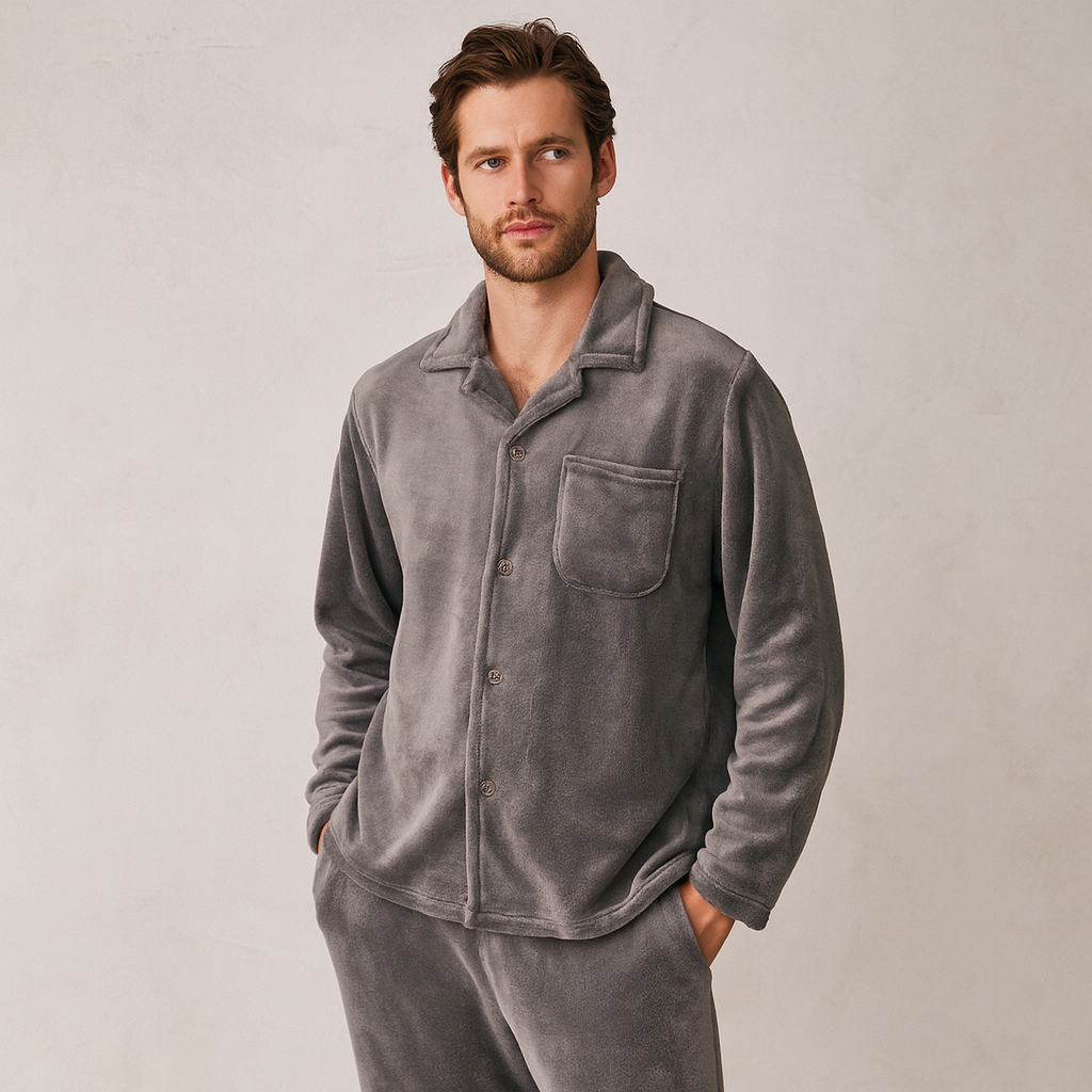 Pijama para hombre de tejido afelpado con cierre frontal y bolsillo de invierno suave