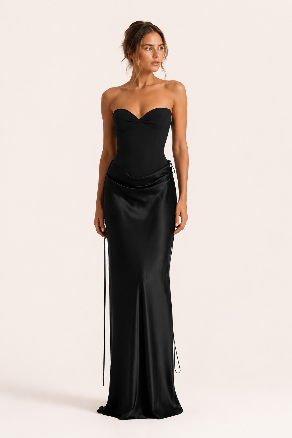 Conjunto mujer corset strapless copas marcadas falda drapeada cadera lazos - Annika
