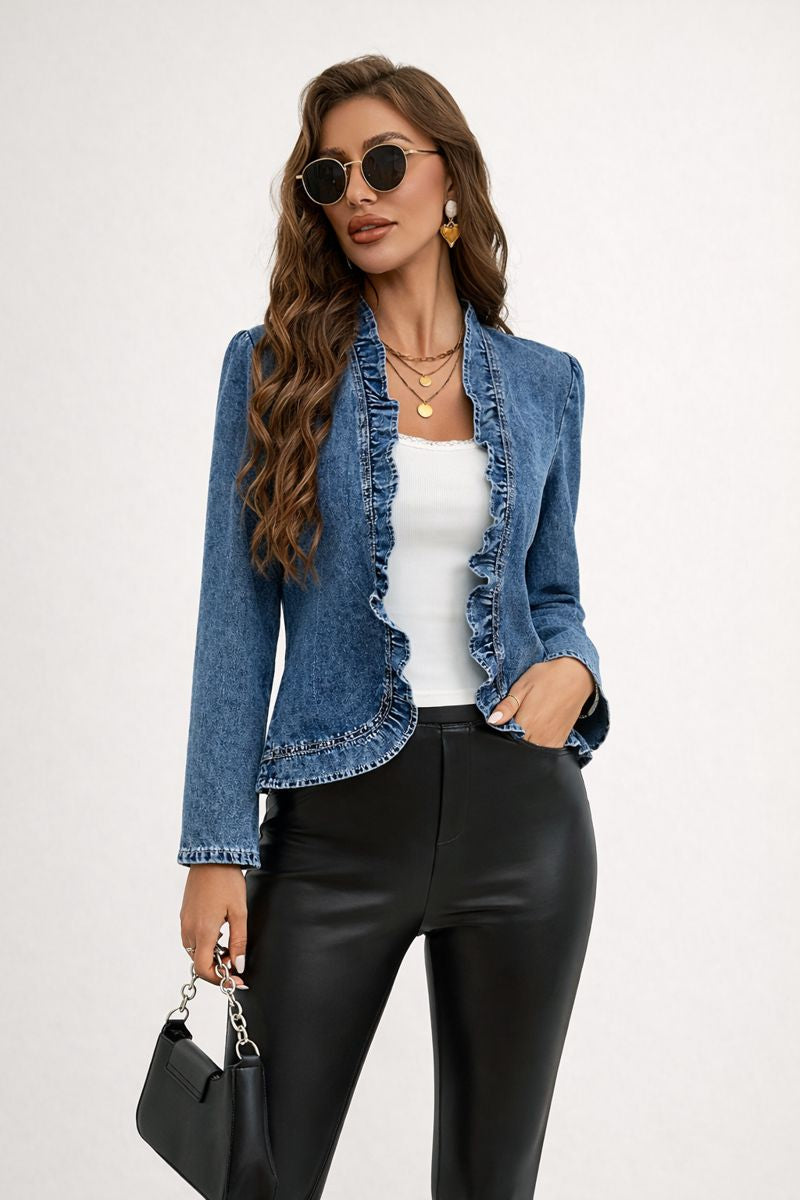 Chaqueta corta para mujer de corte entallado con volante frontal - Arelia