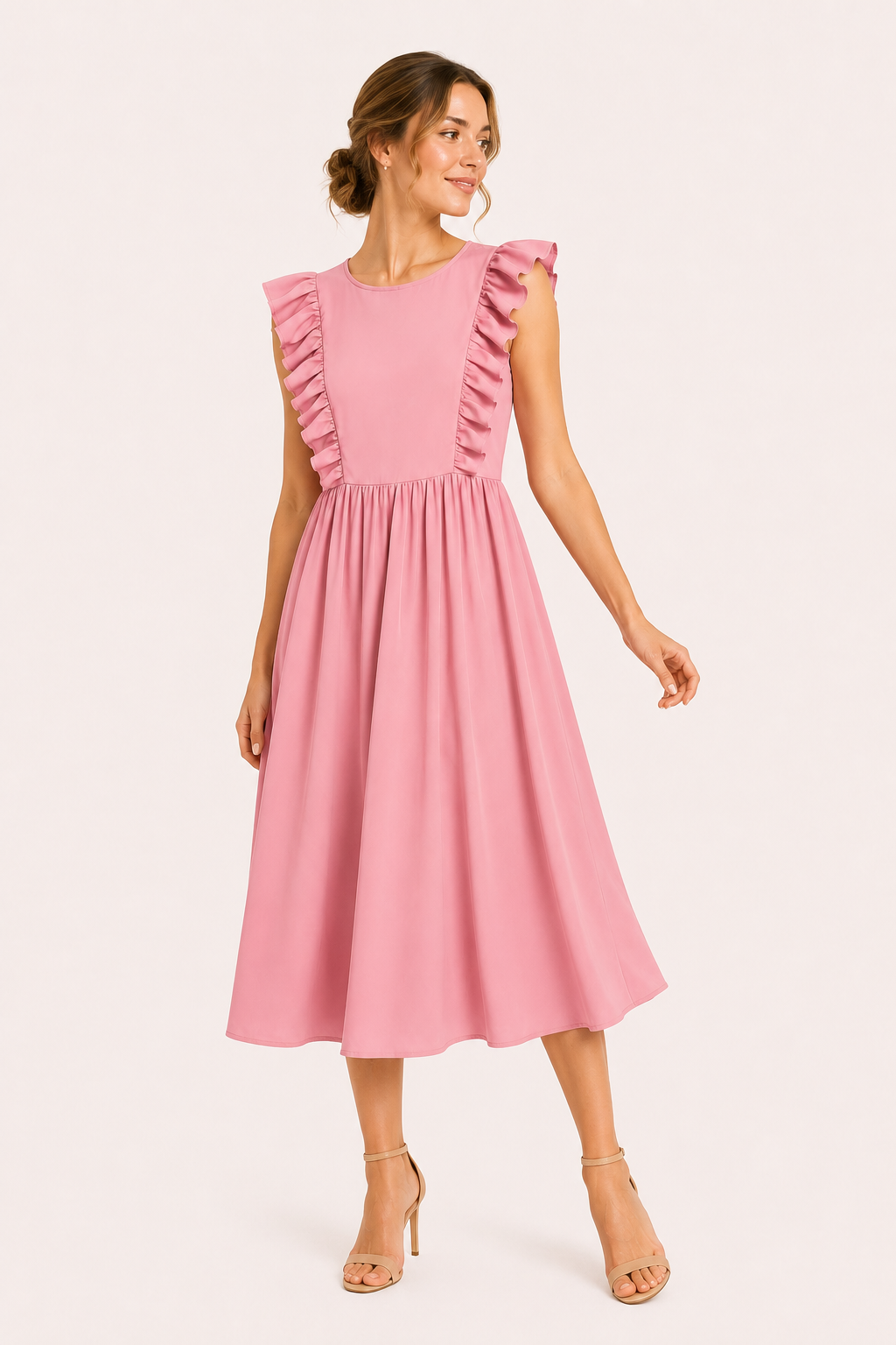 Vestido largo mujer cuello redondo volantes hombros cintura alta falda amplia - Helena