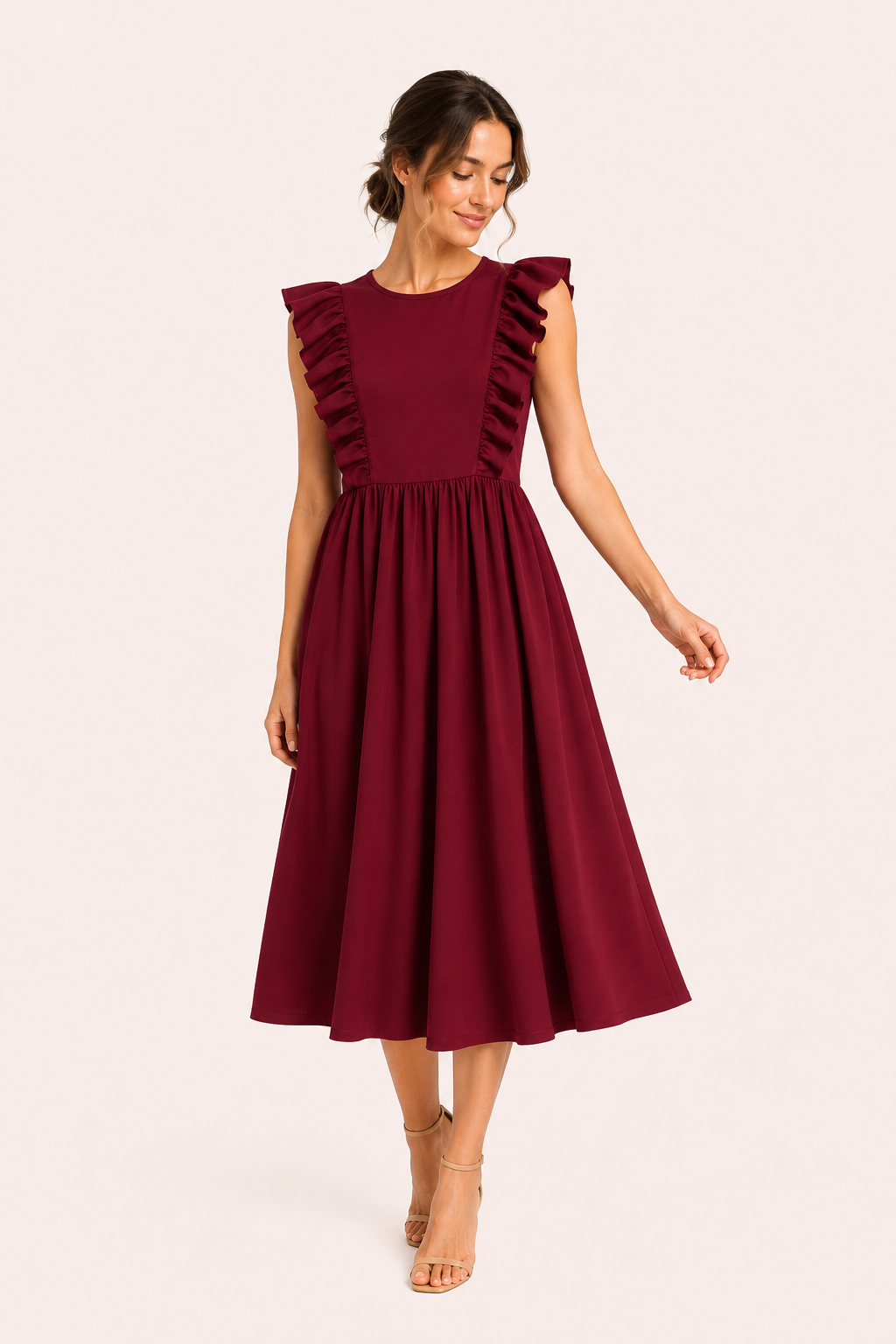 Vestido largo mujer cuello redondo volantes hombros cintura alta falda amplia - Helena
