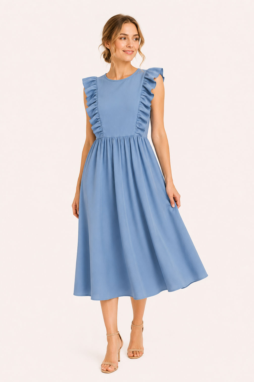 Vestido largo mujer cuello redondo volantes hombros cintura alta falda amplia - Helena
