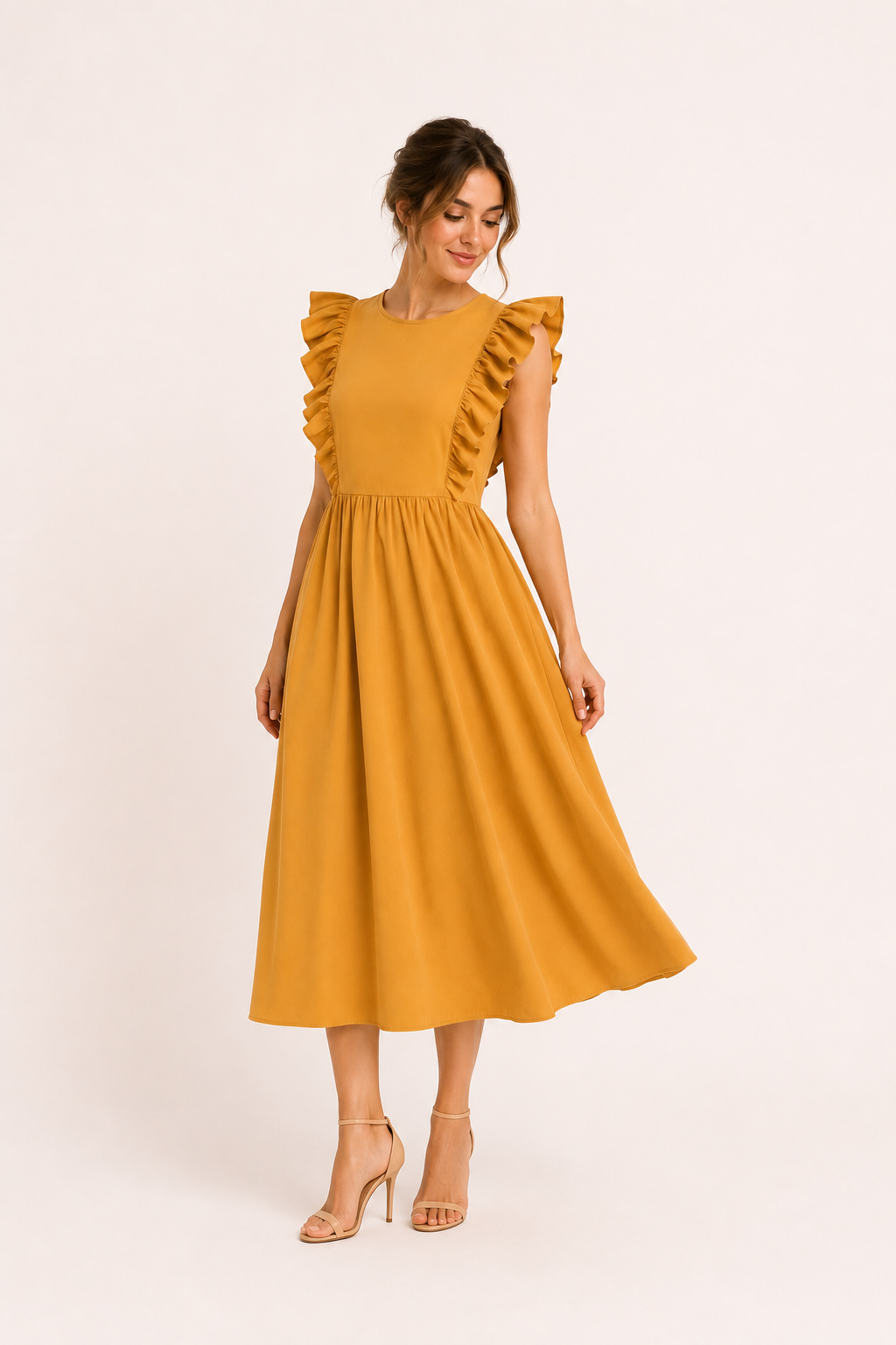 Vestido largo mujer cuello redondo volantes hombros cintura alta falda amplia - Helena