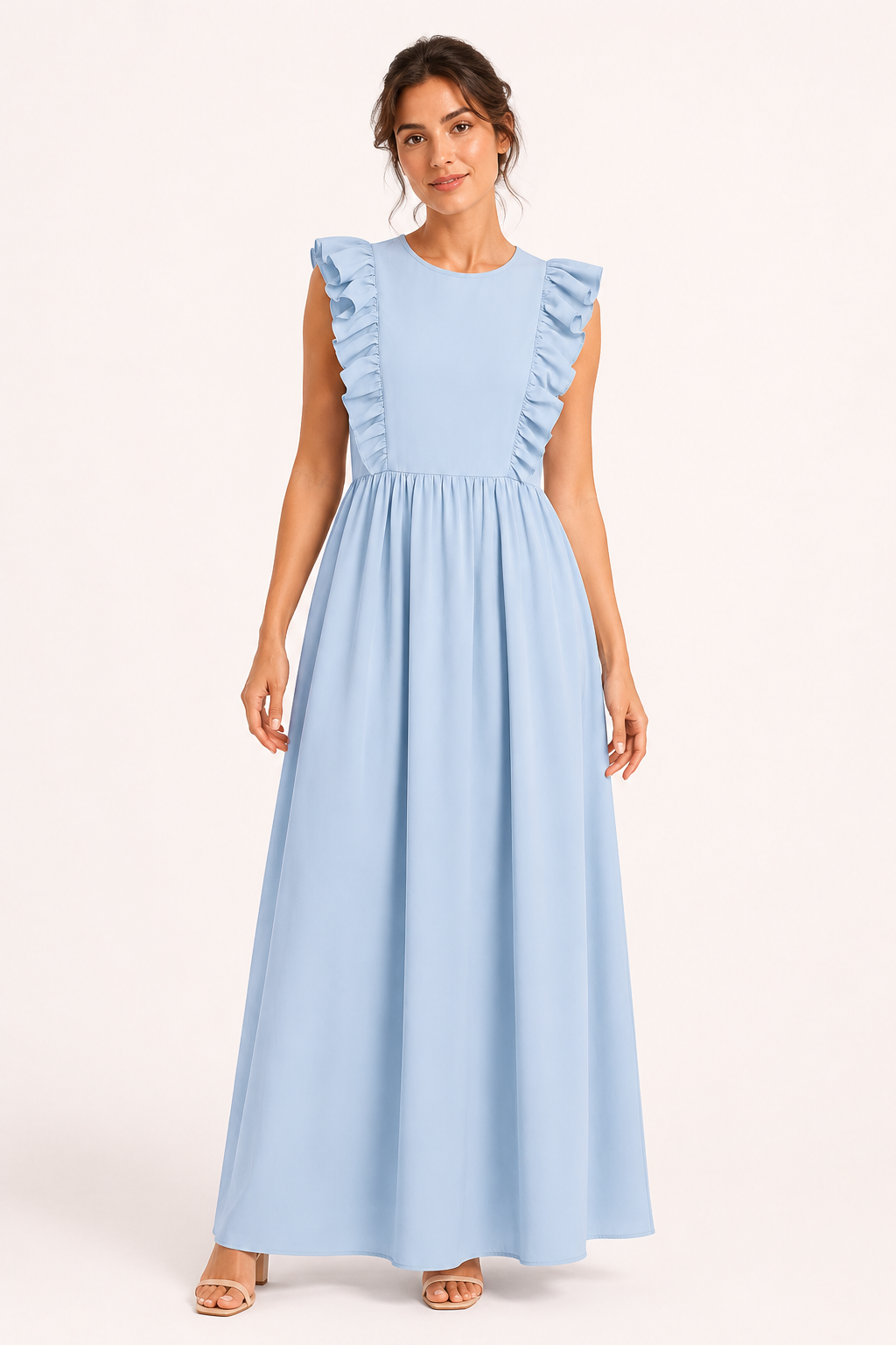 Vestido largo mujer cuello redondo volantes hombros cintura alta falda amplia - Helena