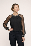 Blusa de manga larga con transparencias y cuello brillante para mujer - Nicola