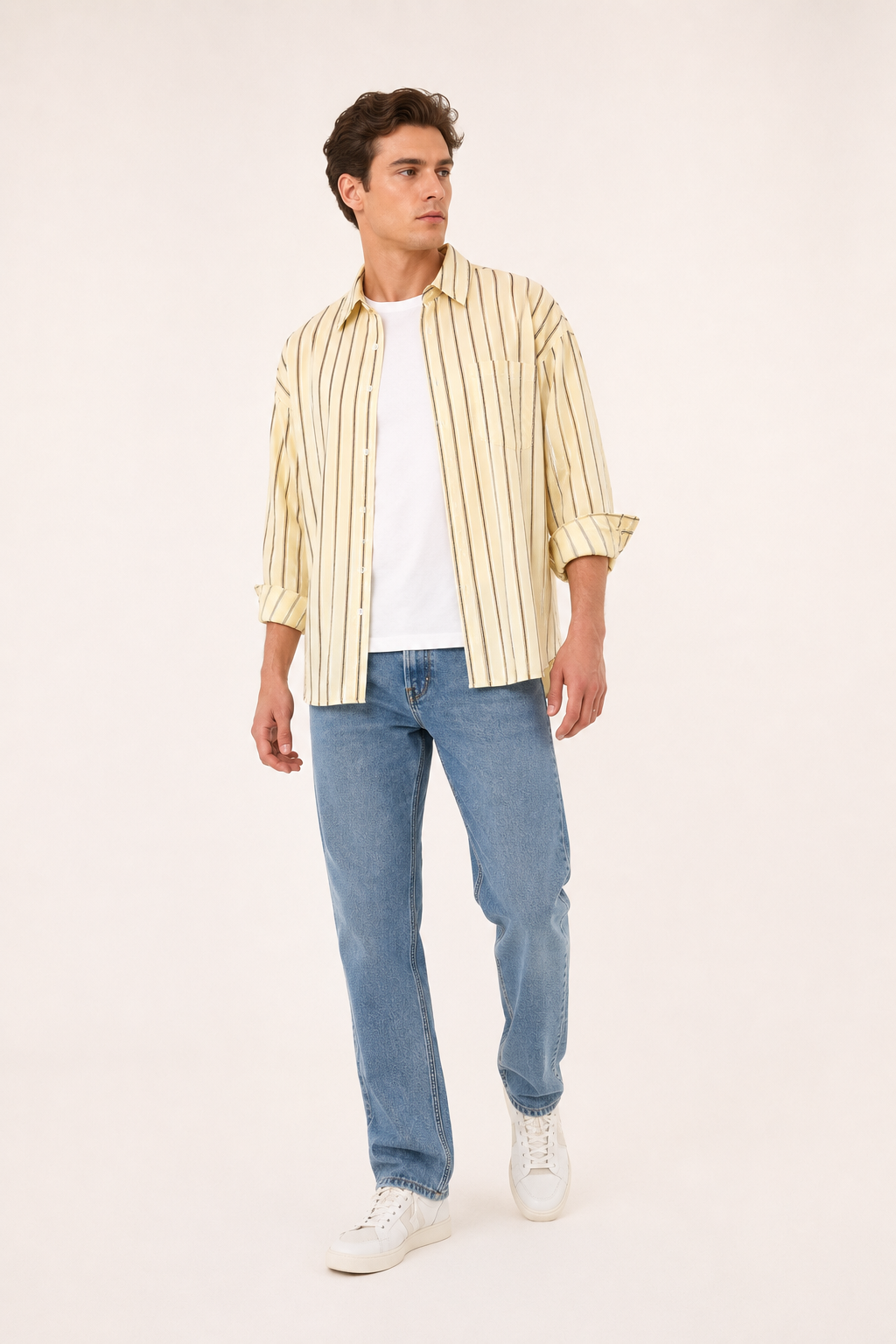 Camisa hombre rayas verticales manga larga oversize cuello clásico casual - Matías