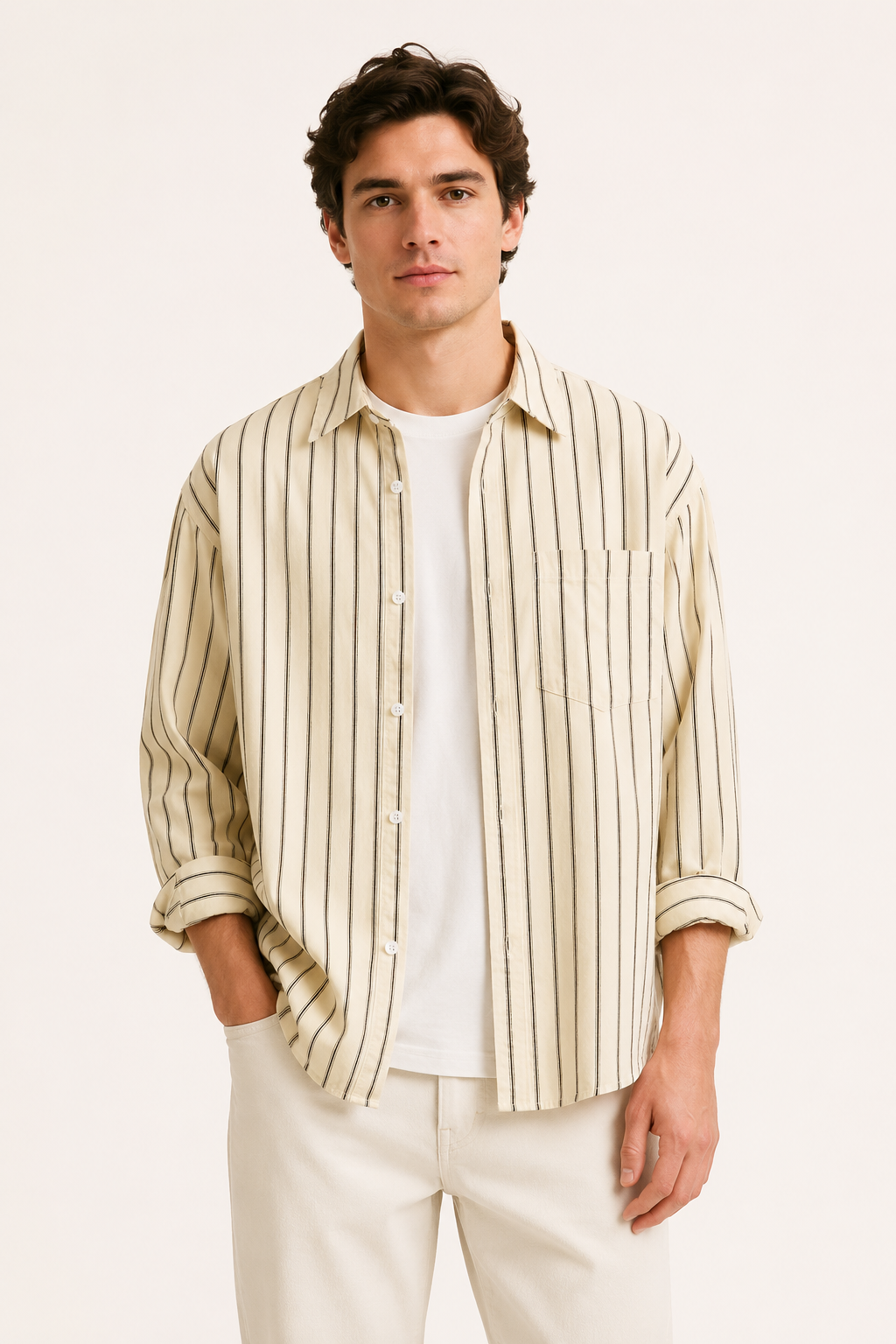 Camisa hombre rayas verticales manga larga oversize cuello clásico casual - Matías