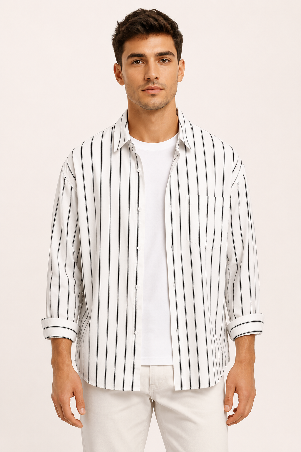 Camisa hombre rayas verticales manga larga oversize cuello clásico casual - Matías