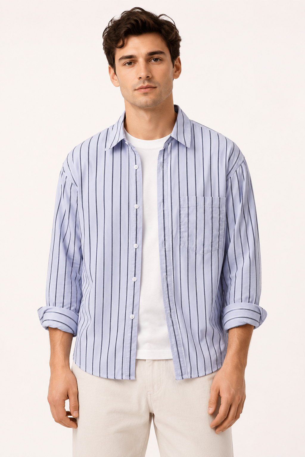 Camisa hombre rayas verticales manga larga oversize cuello clásico casual - Matías