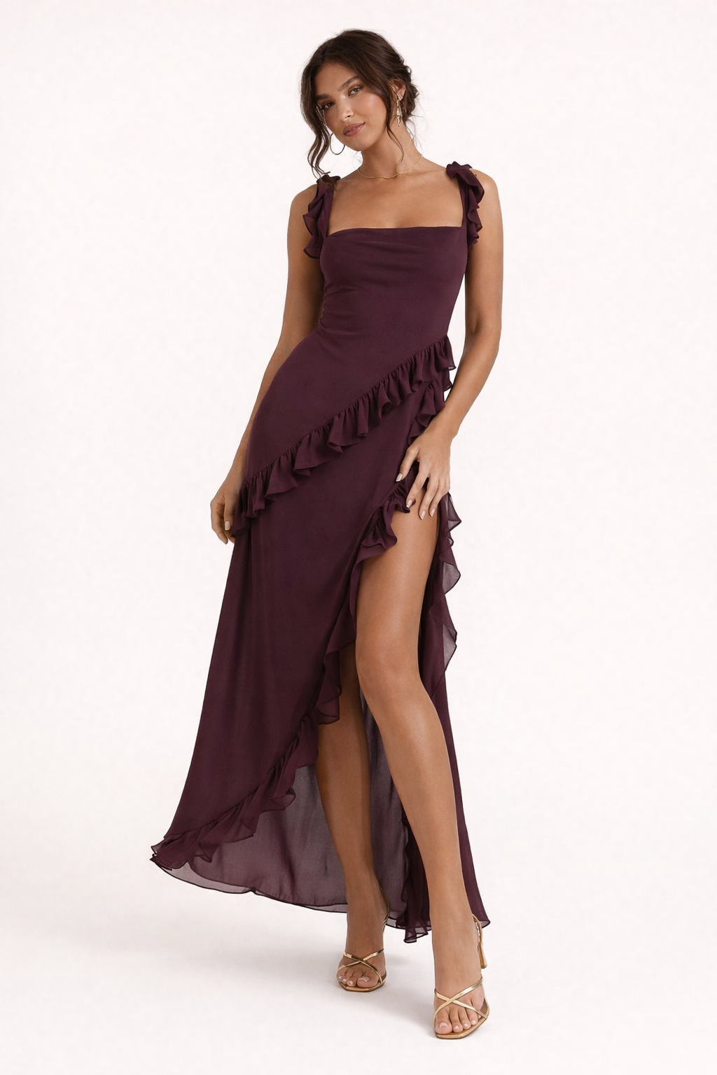Vestido largo con abertura y volantes para fiesta para mujer - Agathe