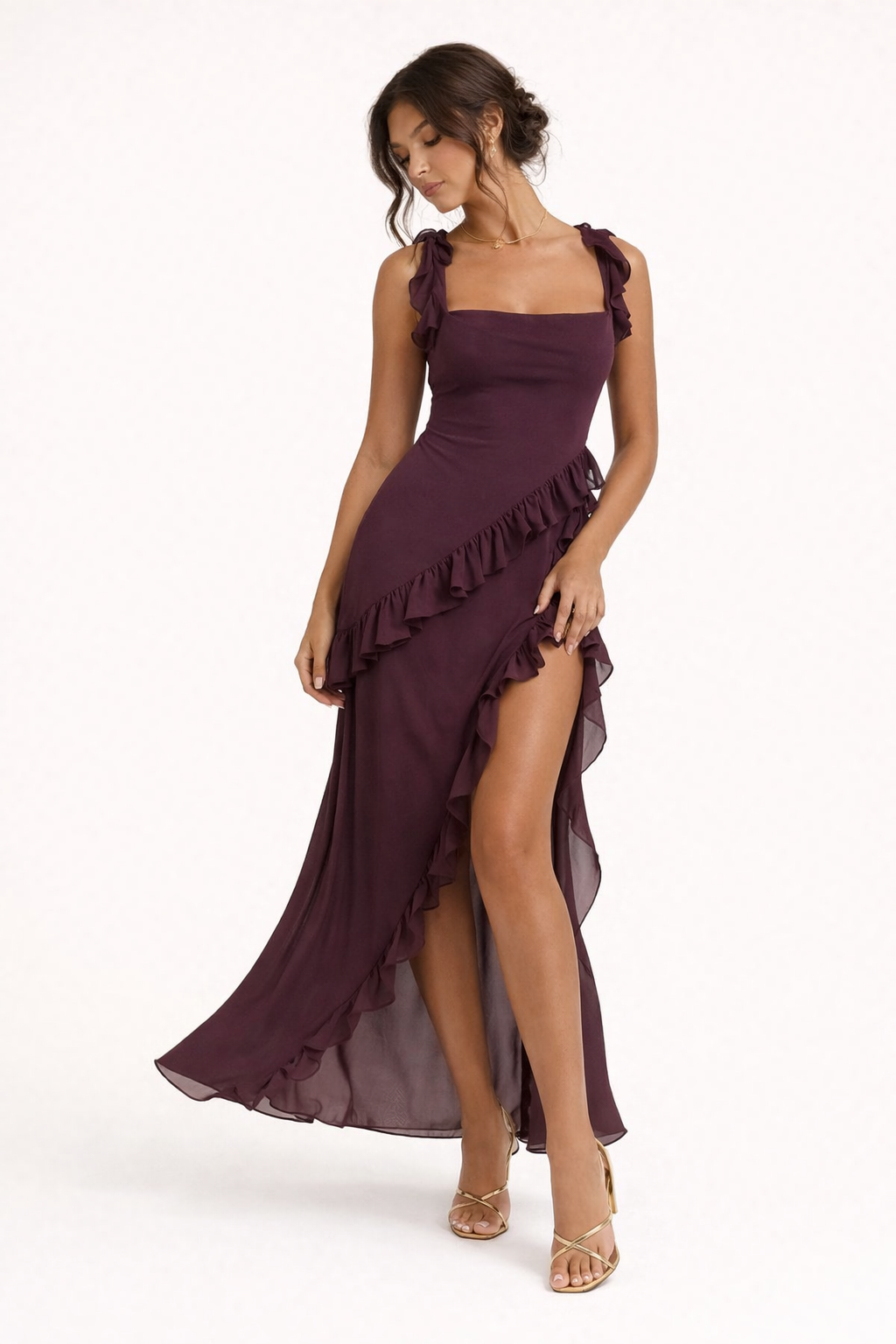 Vestido largo con abertura y volantes para fiesta para mujer - Agathe