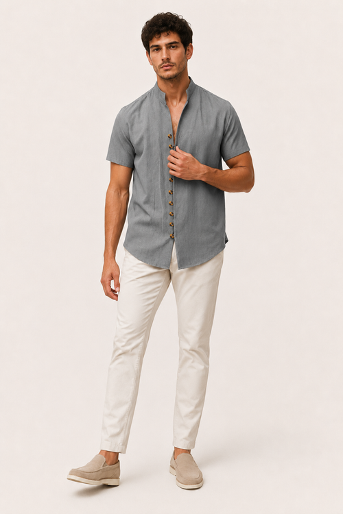Camisa hombre manga corta cuello mao abierto botonadura frontal verano - Lorenz