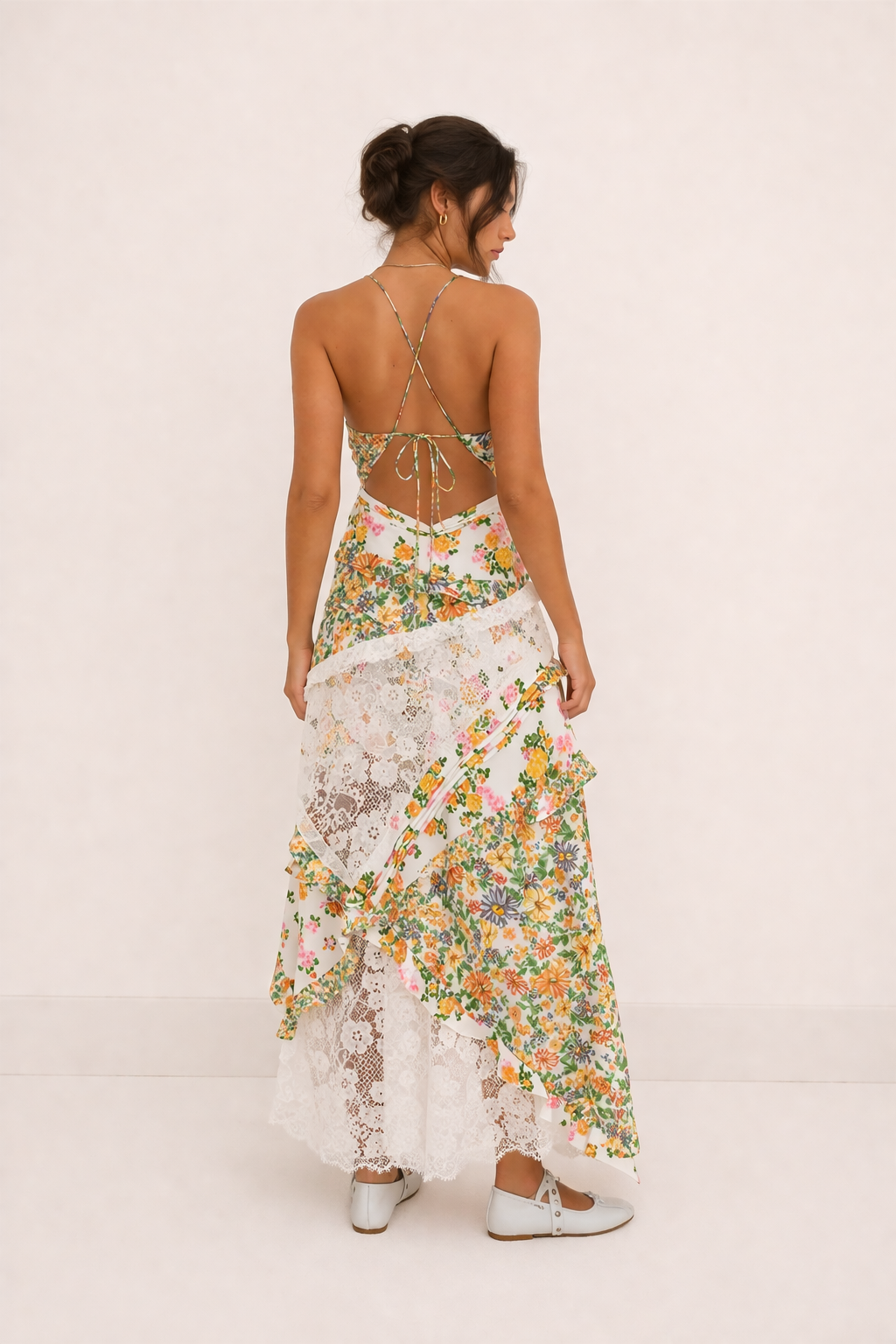 Vestido largo tirantes finos mujer floral encaje caída fluida verano - Danira