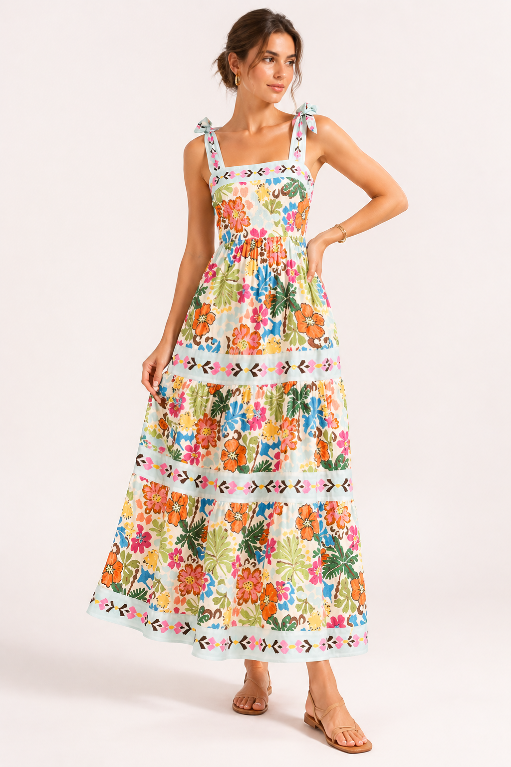 Vestido midi mujer tirantes lazo ajustable floral bandas horizontales - Estela