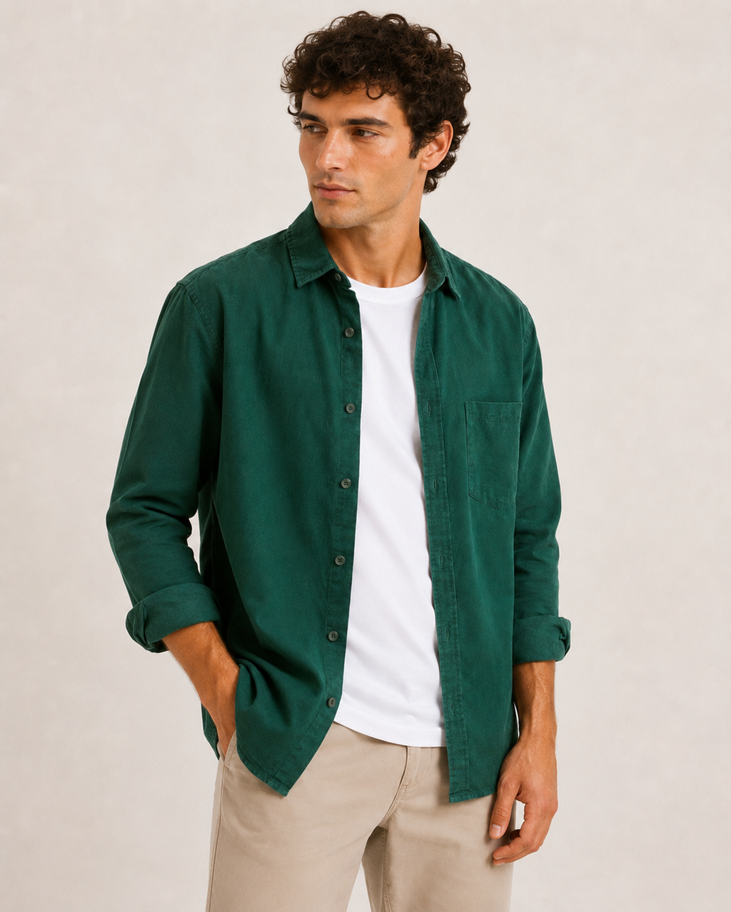 Camisa lino hombre manga larga cuello camisero bolsillo casual - Emil