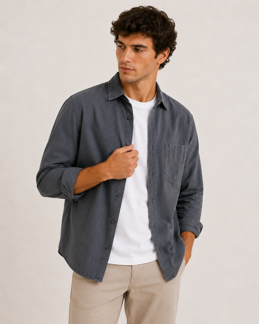 Camisa lino hombre manga larga cuello camisero bolsillo casual - Emil