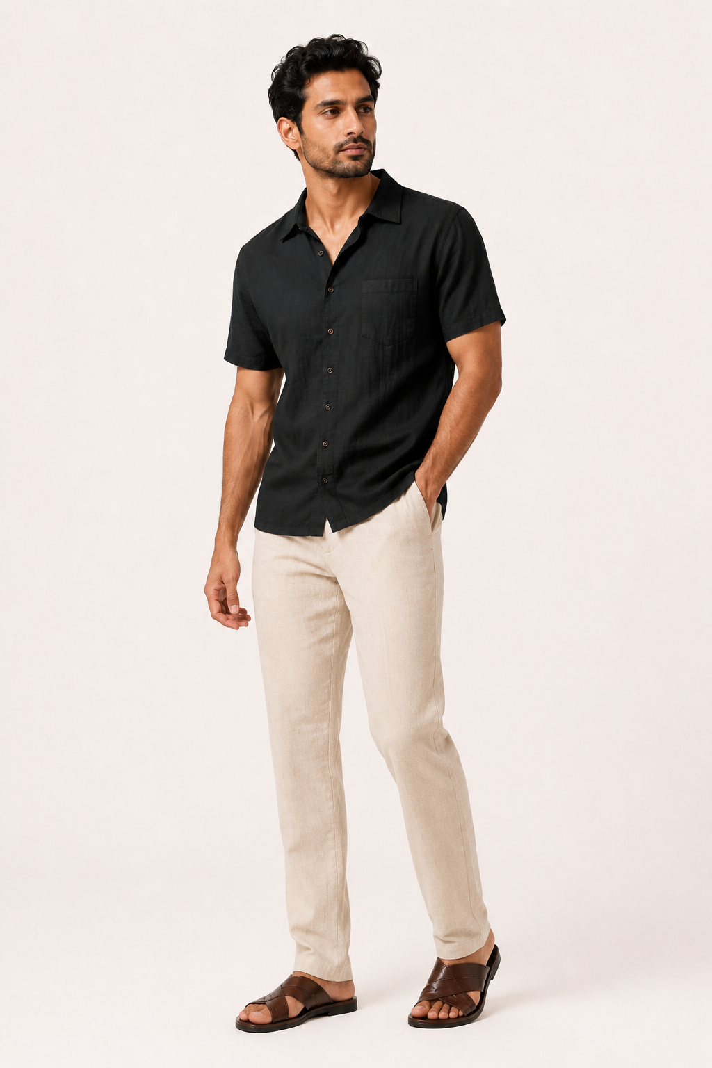 Camisa lino hombre manga corta cuello clásico bolsillo casual verano - Patricio