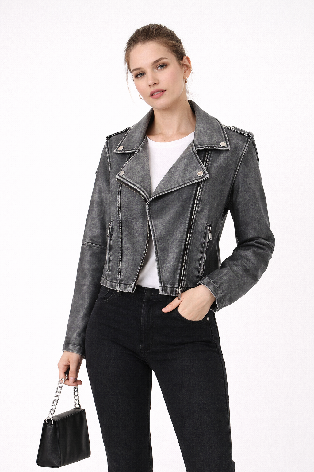Chaqueta biker para mujer de corte corto recto - Selmira