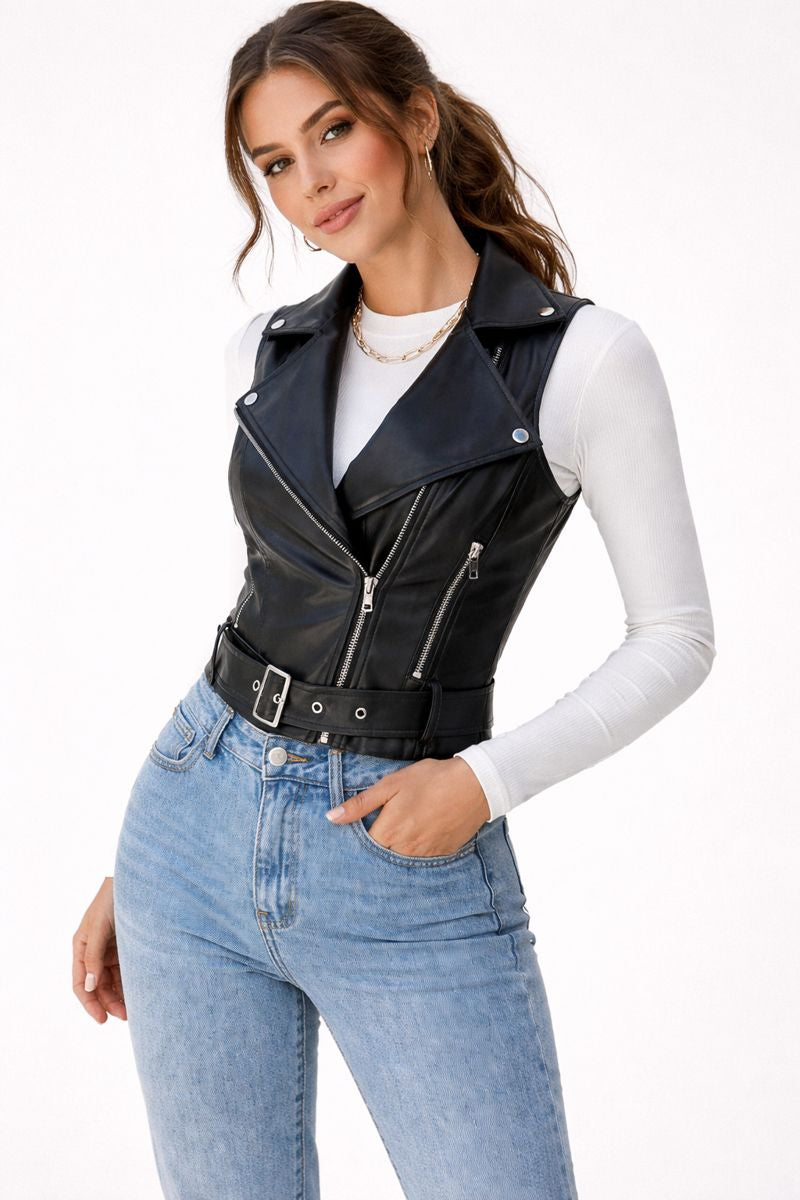 Chaleco biker de mujer efecto piel con cinturón - Elira